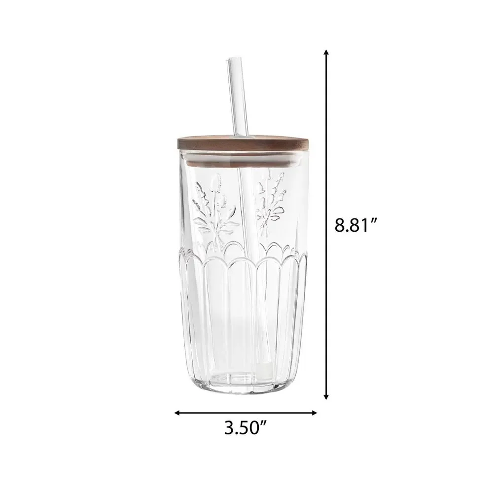Pioneer Woman Thistle Clear Glass Tumbler Wood Lid 21 oz Floral